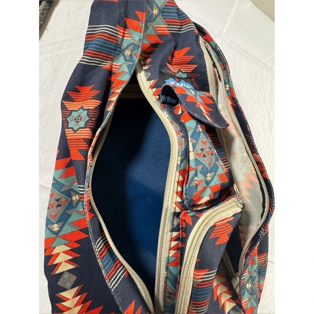 KAVU Rope Bag Sling Backpack Southwestern Geometric Print Navy Orange Canvas